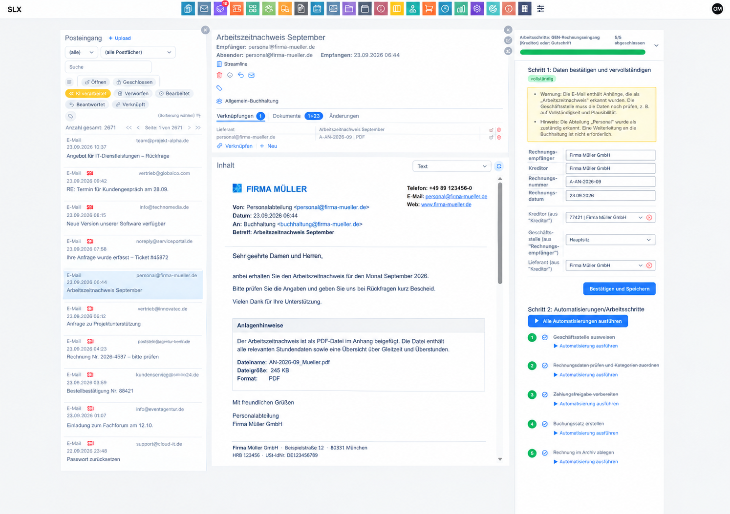 Screenshot: Posteingang mit Rechnungsbearbeitung