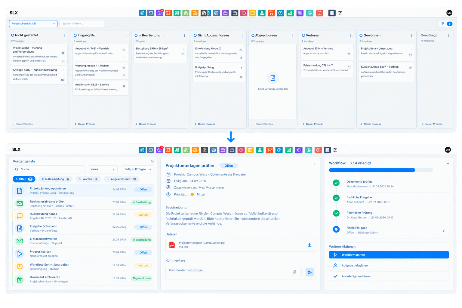 Screenshot: Kanban-Board und Workflow-Schritte